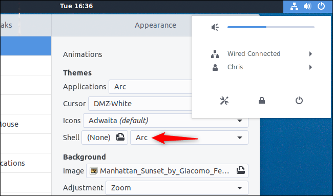 Выбор темы оболочки в пункте Shell после включения User Themes