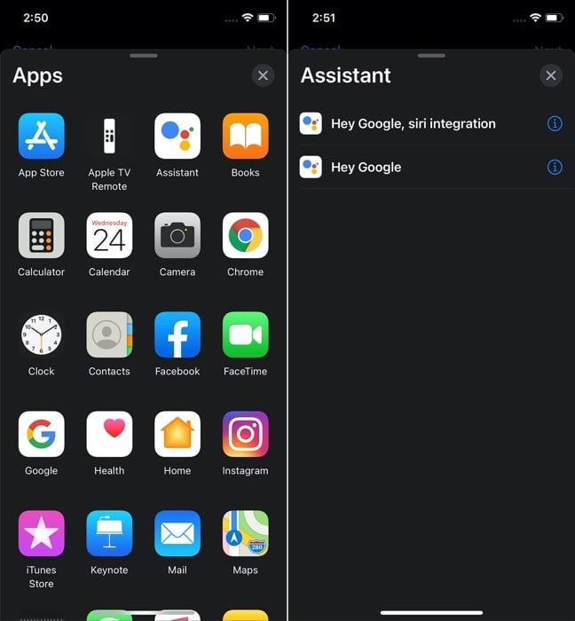 Создание ярлыка Google Assistant в Shortcuts — выбор действия