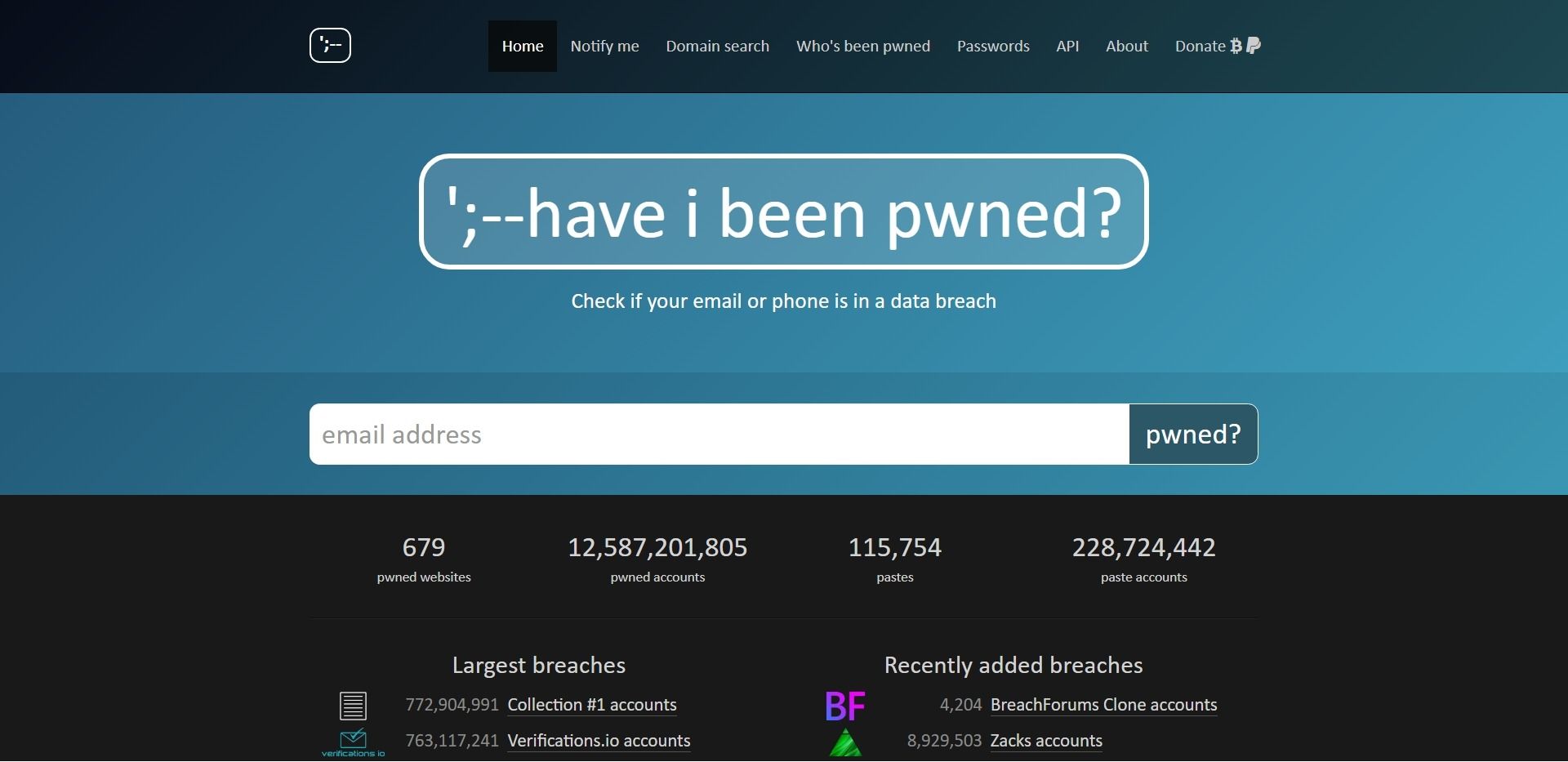 Скриншот сайта проверки утечек Have I Been Pwned