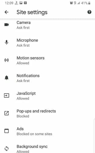 Настройки сайта в Chrome Android