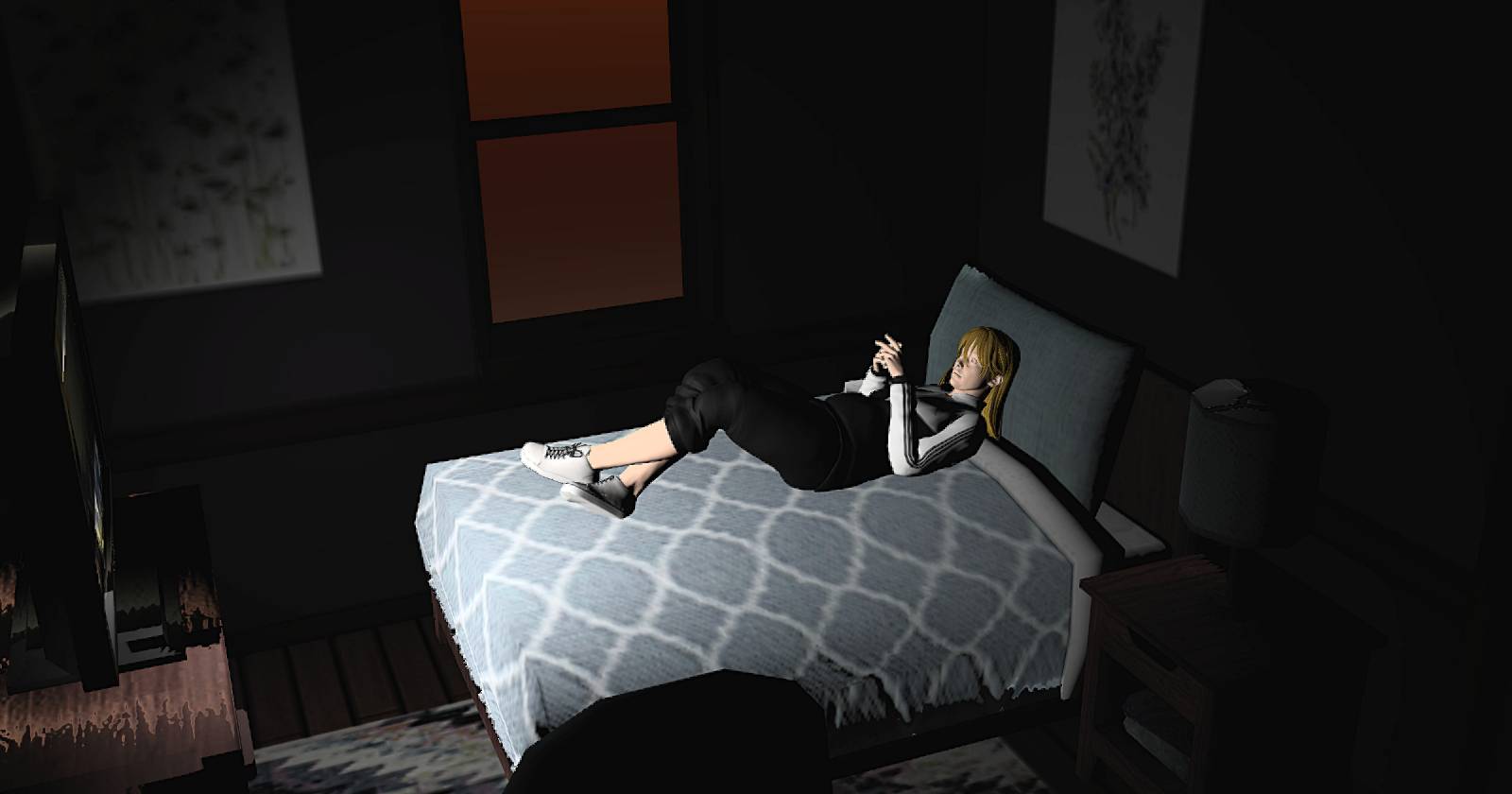 3D модель девушки, лежащей на кровати и смотрящей телевизор на сумерках