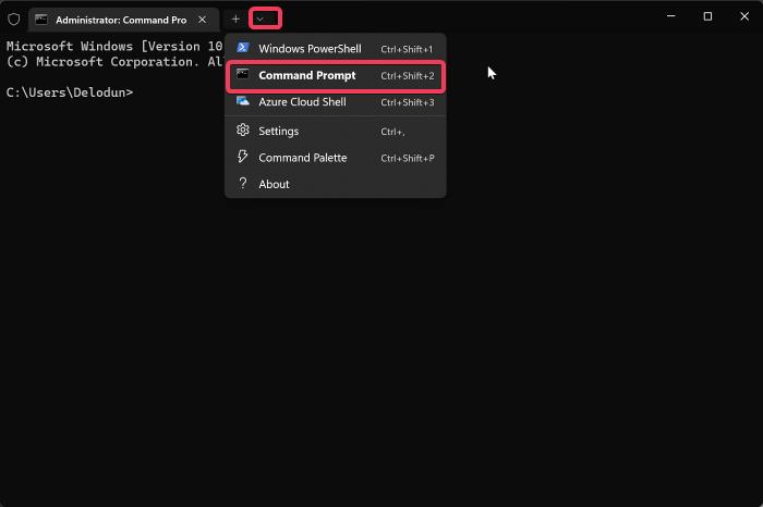 Selección de perfil en Windows Terminal para abrir cmd