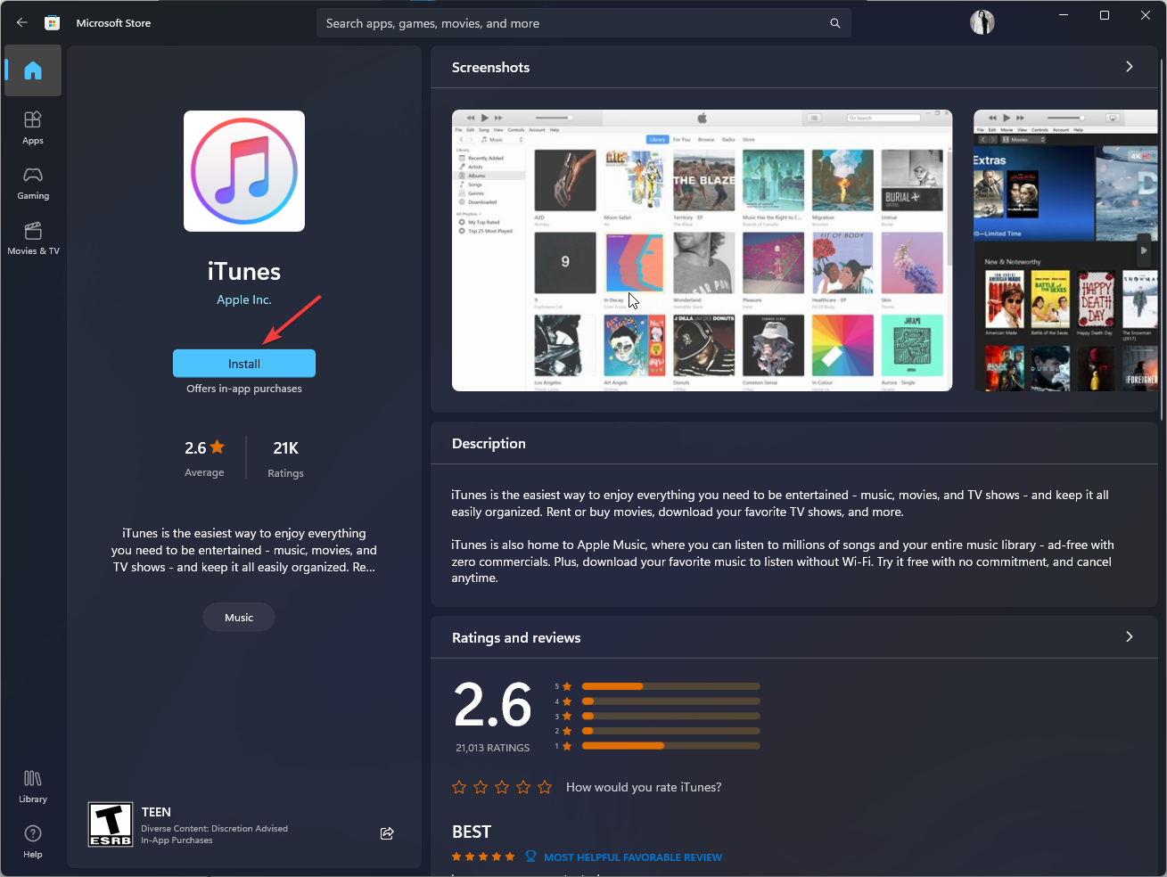 Страница iTunes в Microsoft Store с кнопкой Install