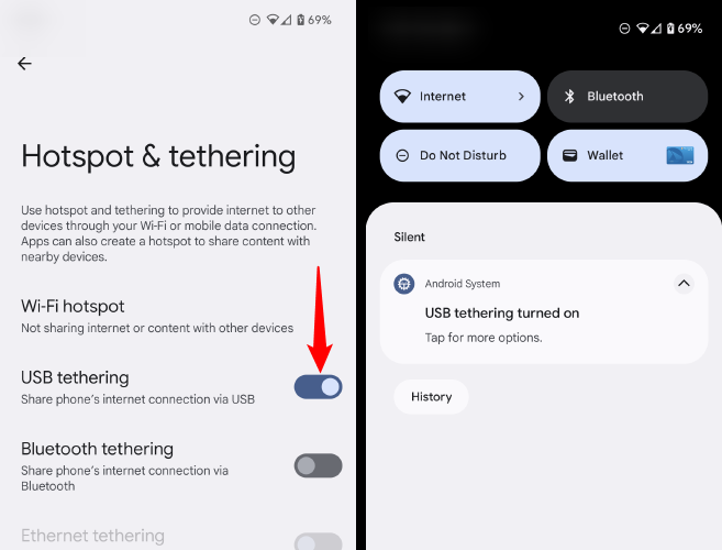 Включение USB Tethering в настройках Android.