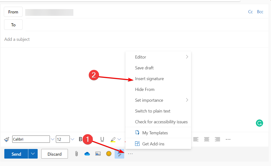 Пункт меню «Вставить подпись» в окне создания письма