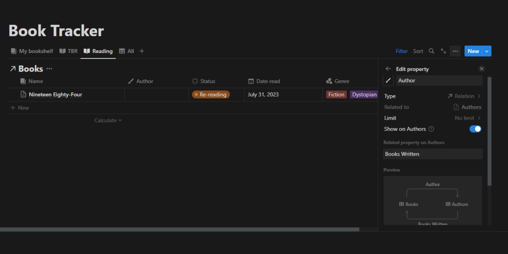 Скриншот Notion настройки отношения между базами Books и Authors