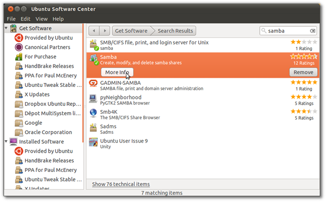 Поиск Samba в Центре приложений Ubuntu
