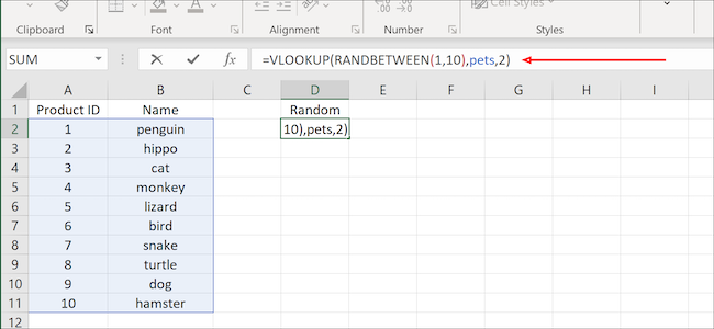 Формула VLOOKUP с RANDBETWEEN для выбора товаров