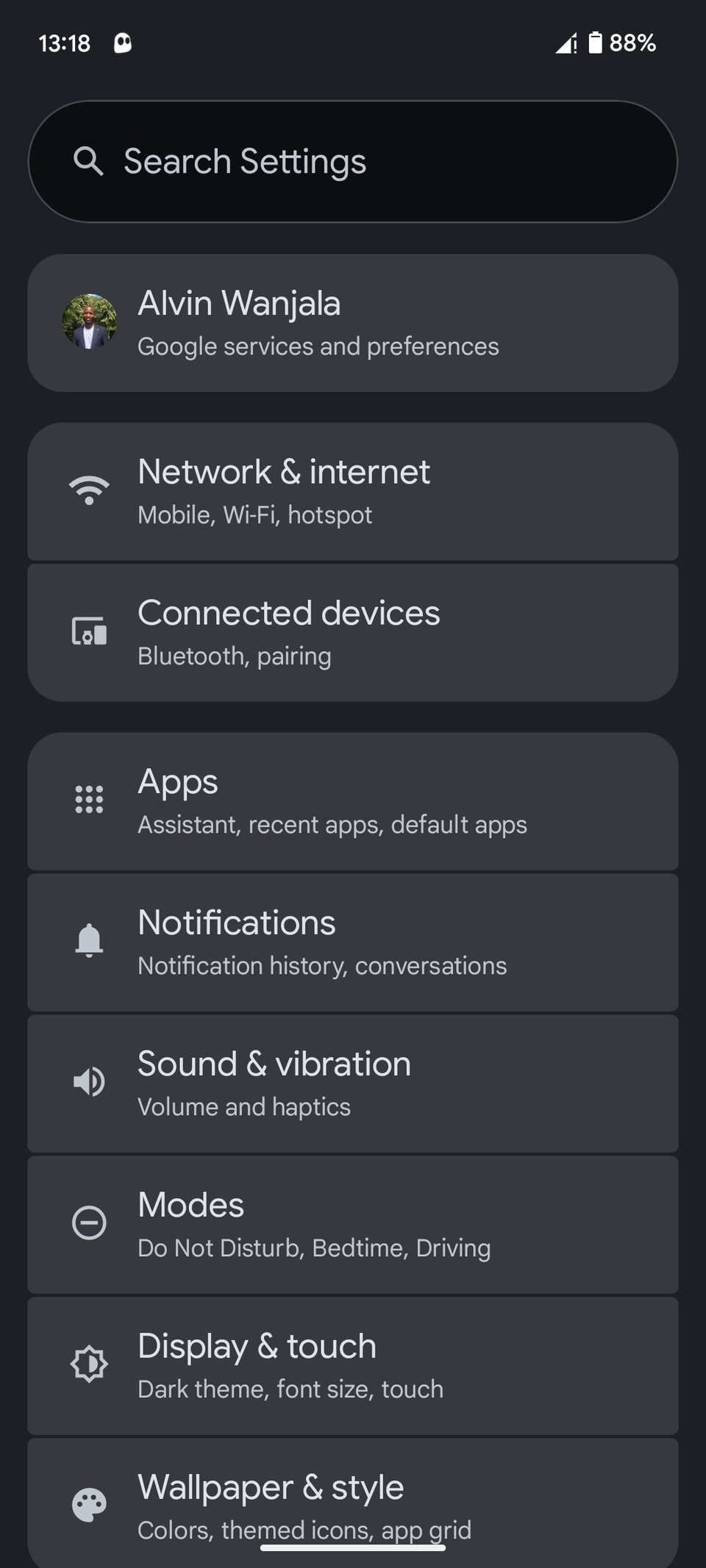 Экран настроек Android