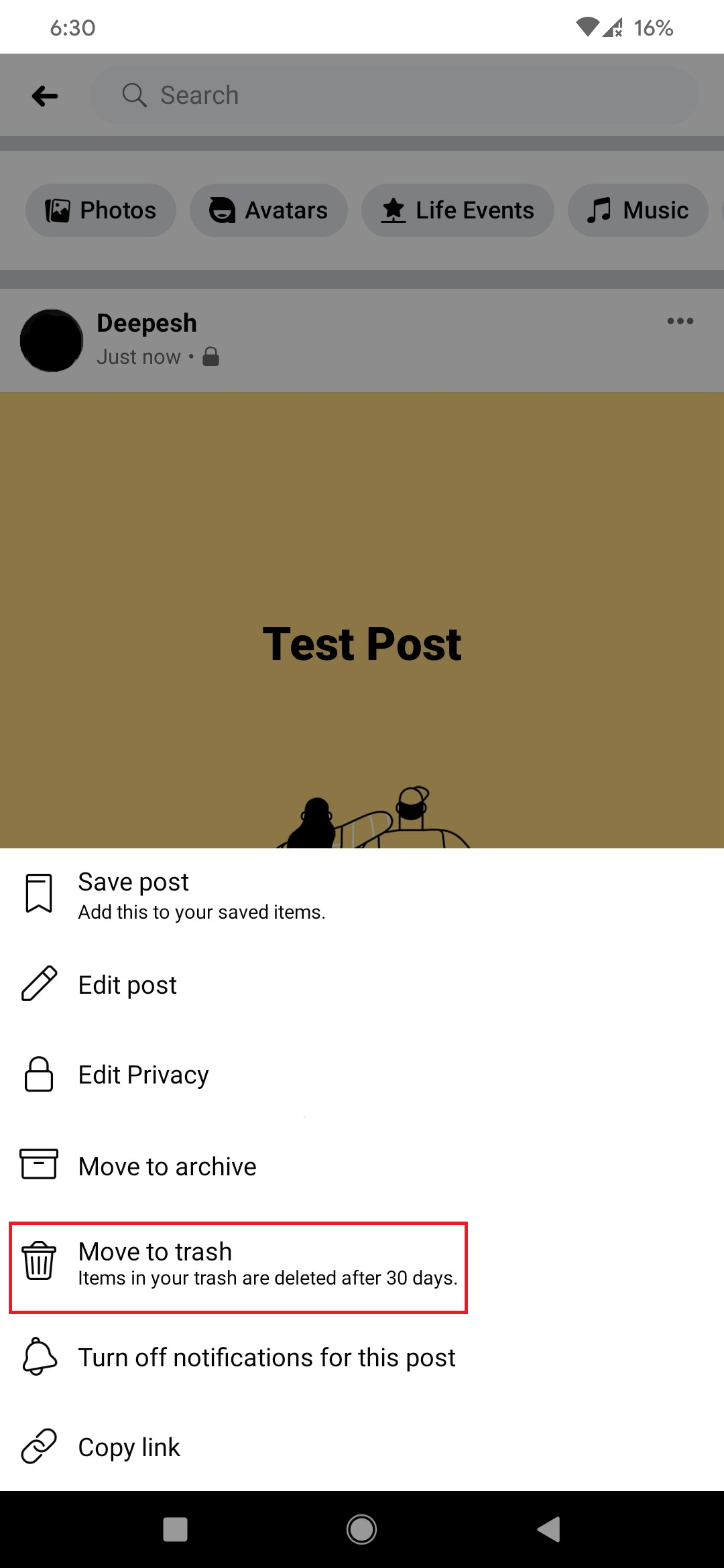 Меню параметров публикации в приложении Facebook