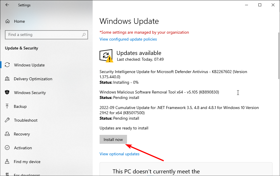 Установка обновлений Windows