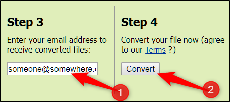Выбор формата и запуск конверсии на Zamzar