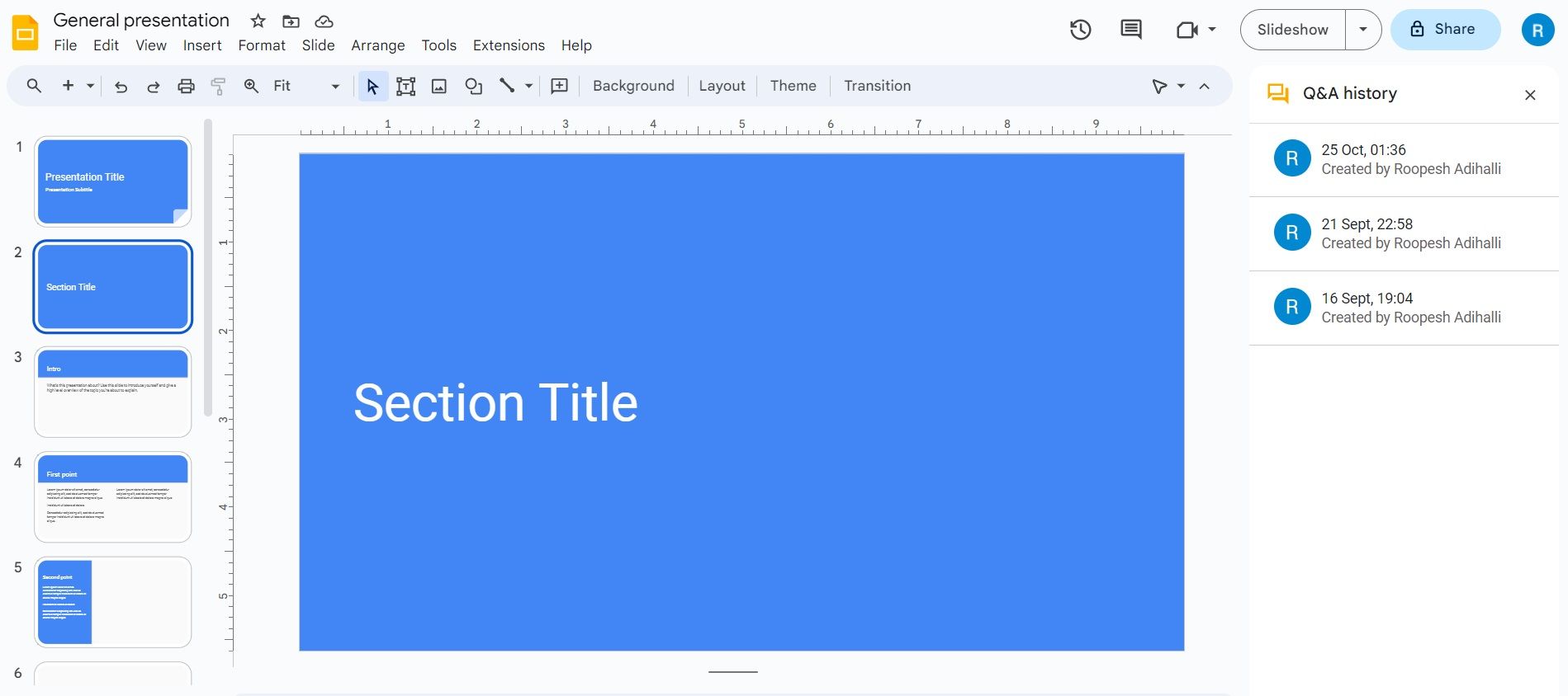 Google Slides Q&A Session Tools Q&A History Right Panel