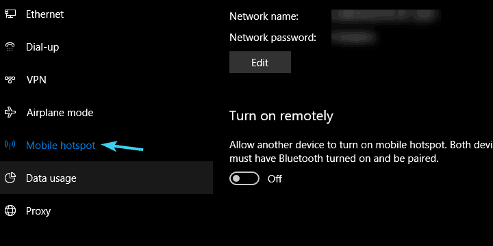 Параметры мобильного хотспота в Windows