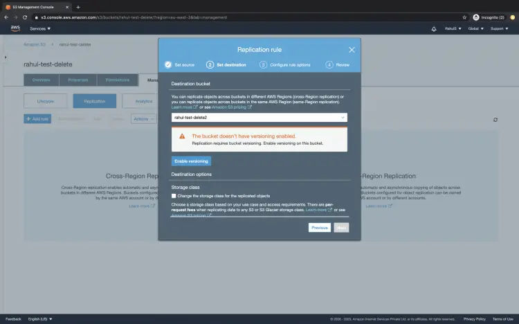 Выбор целевого бакета и включение версионирования