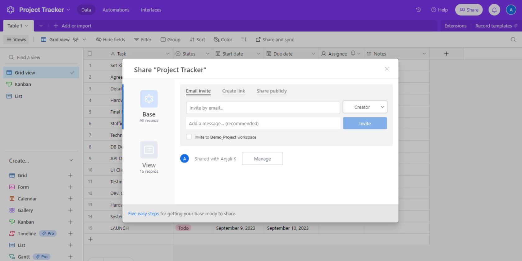 Скриншот Airtable, показывающий приглашение участников в базу