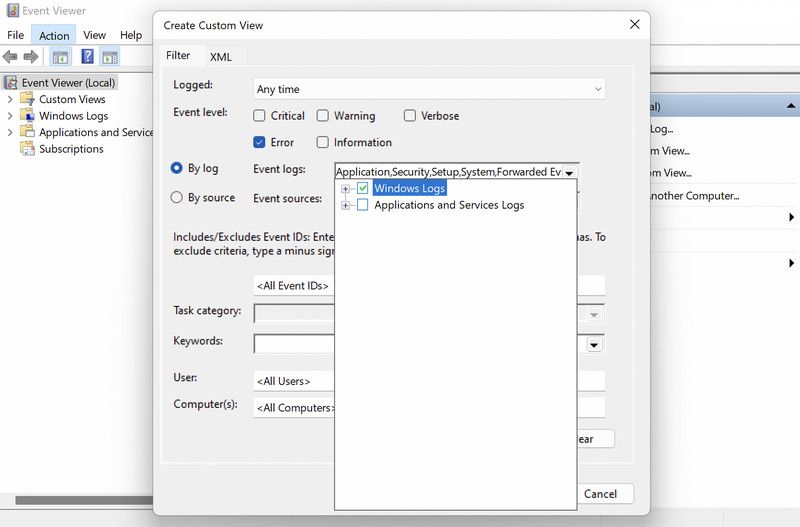 Выберите журналы Windows