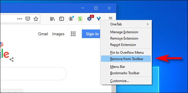 В Firefox щёлкните правой кнопкой по значку на панели и выберите «Удалить с панели инструментов».
