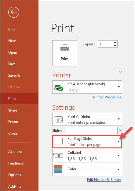 Кнопка выбора вида печати в PowerPoint