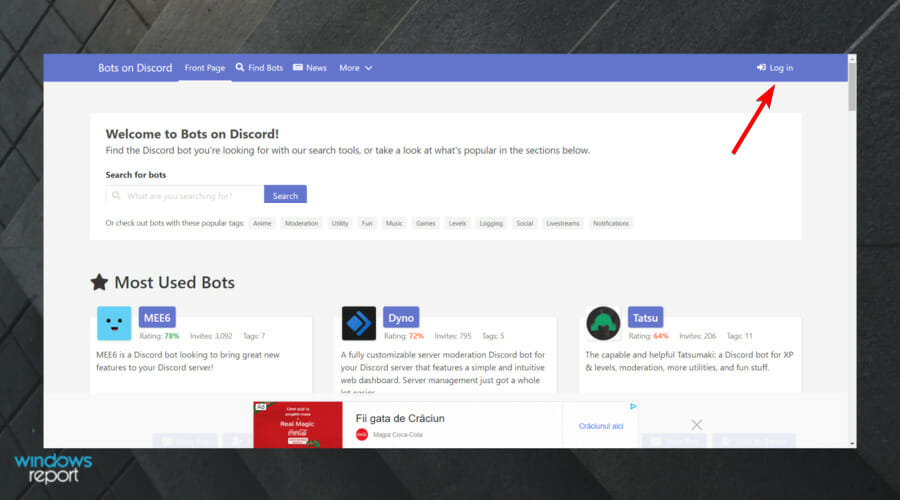 Кнопка входа на сайте Bots On Discord