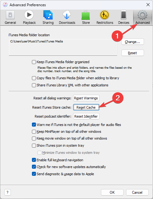 Кнопка Reset Cache в разделе Advanced настроек iTunes