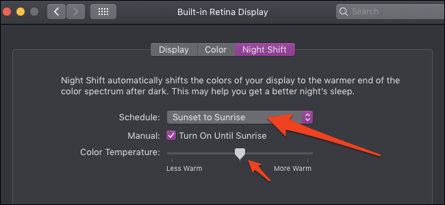 Вкладка Night Shift в настройках дисплея