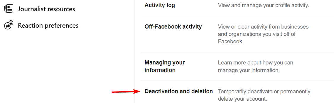 Schermata della pagina Disattivazione ed eliminazione