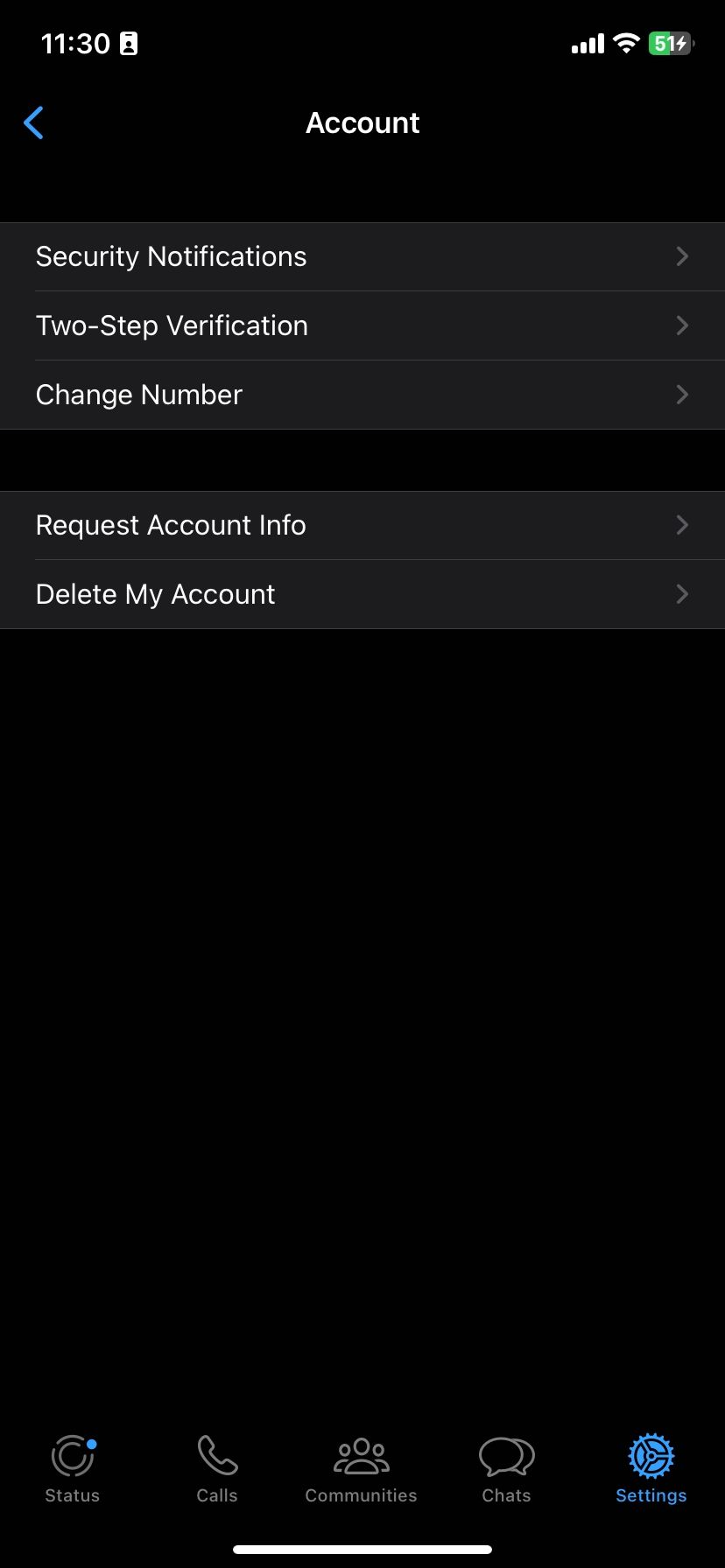 Параметры учётной записи WhatsApp на iOS