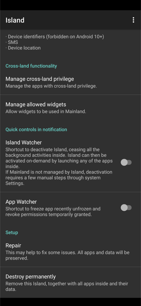 Меню удаления Island с подтверждением