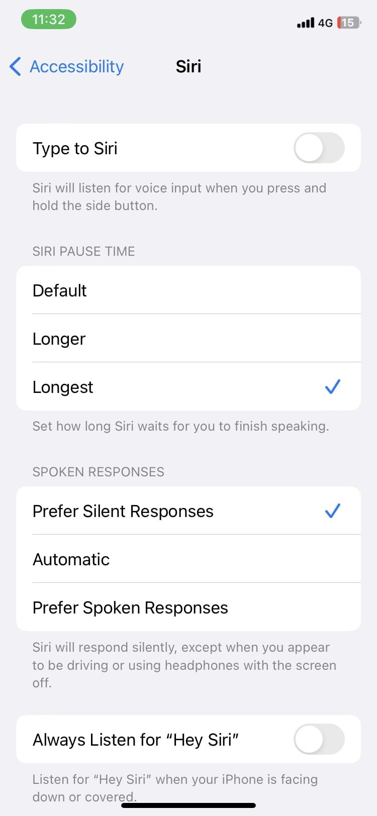 Параметр «Время паузы Siri» в настройках