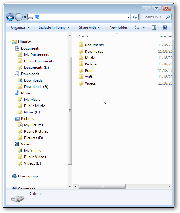 Окно Windows: Библиотеки в Windows 7 с добавленными папками хранилища