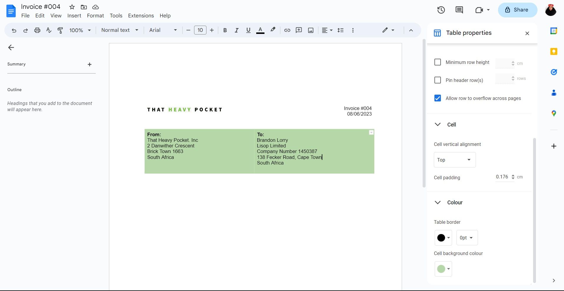 Настройка границ и цвета таблицы