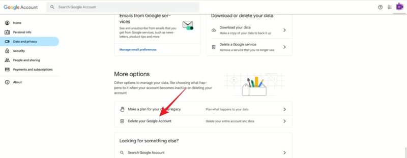Нажатие на опцию удаления аккаунта Google в веб-версии Gmail