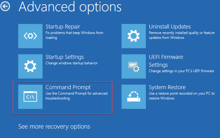 Меню «Дополнительные параметры» с командной строкой