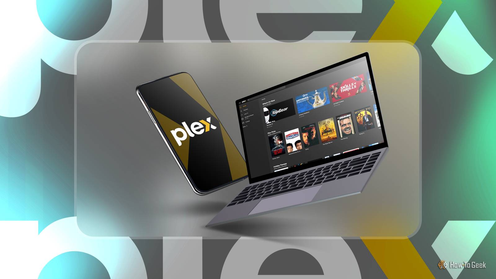 Телефон с логотипом Plex и ноутбук с главным экраном Plex.