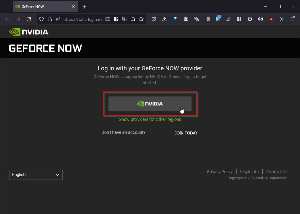 Страница входа в GeForce NOW