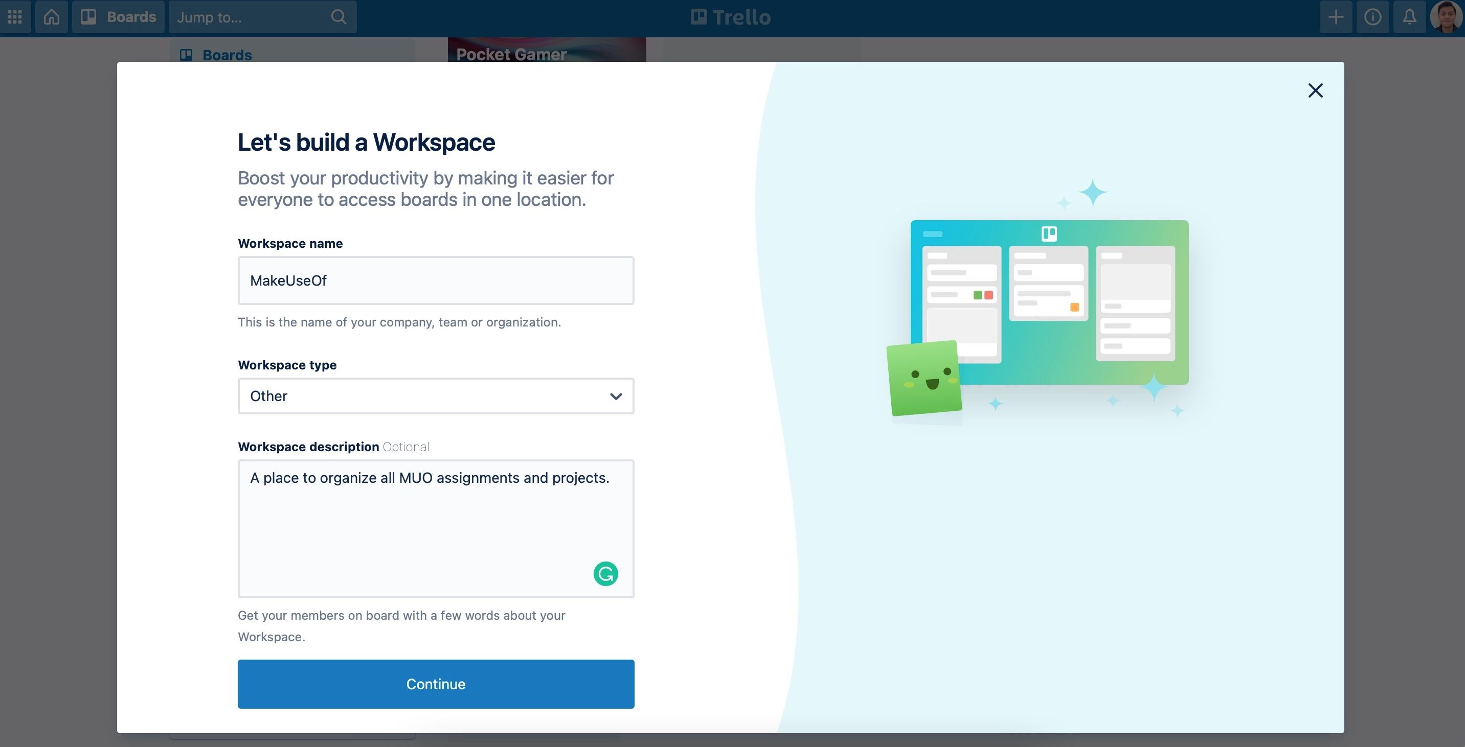 Окно создания рабочего пространства в Trello с полями для названия и описания