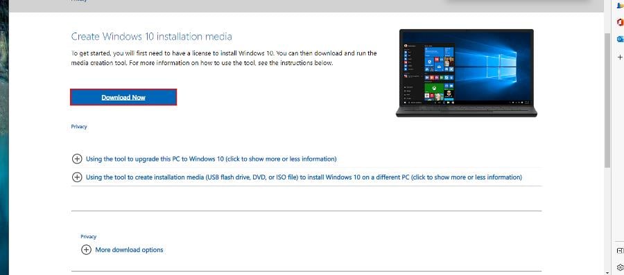 Кнопка Download Now на странице Microsoft