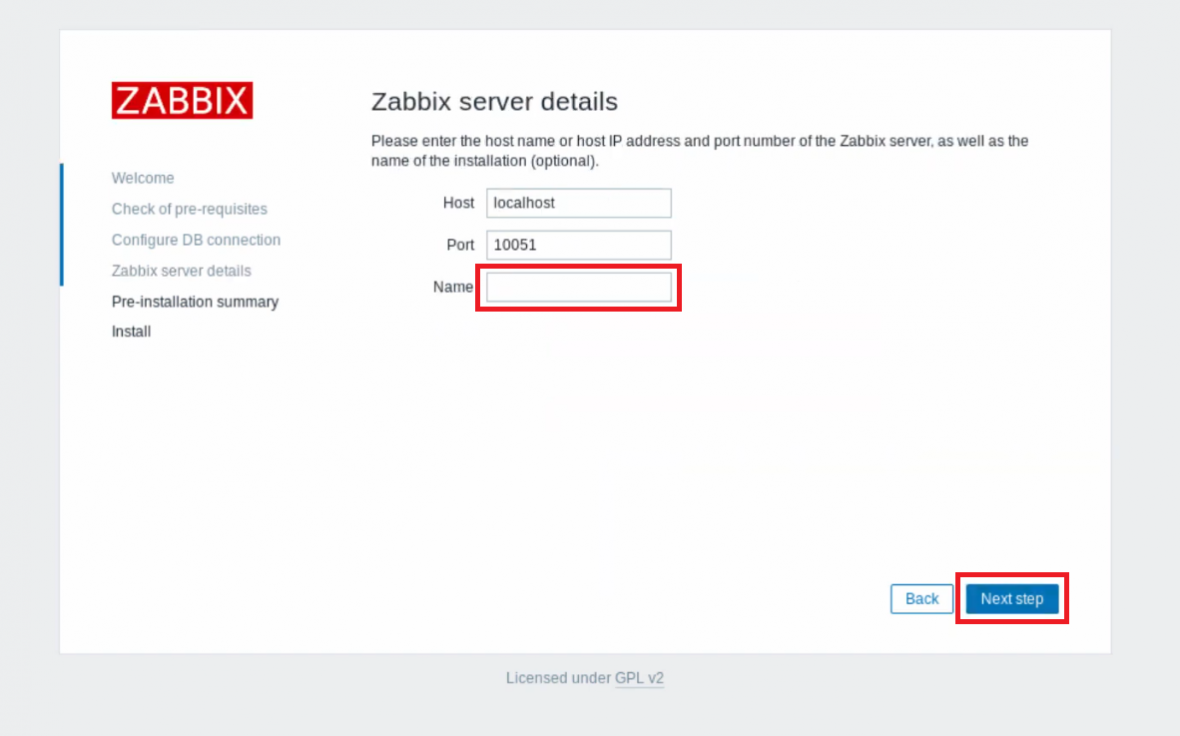 Указание имени сервера Zabbix в установщике