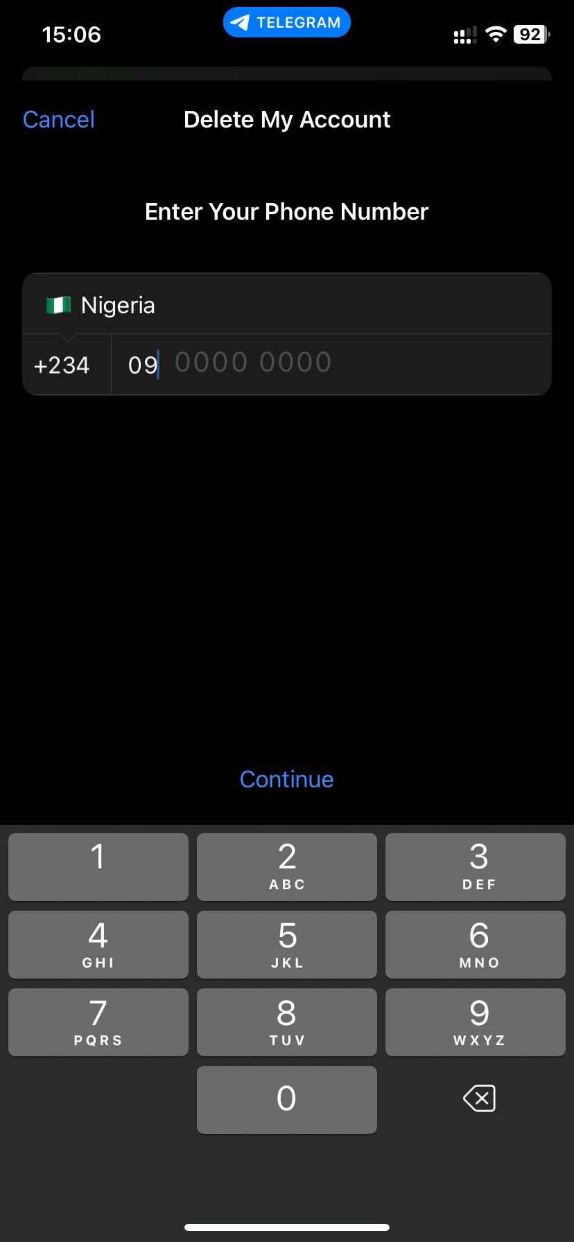 Mobile number entry menu Telegram