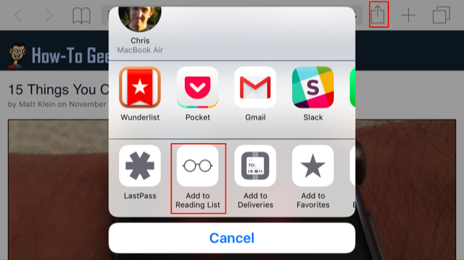 Добавление страницы в Список для чтения Safari