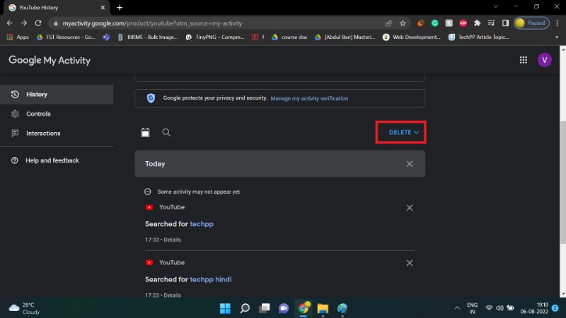 Opzione per eliminare tutta la cronologia su My Activity