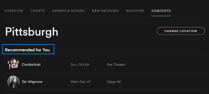 Рекомендованные концерты в Spotify на основе истории прослушиваний