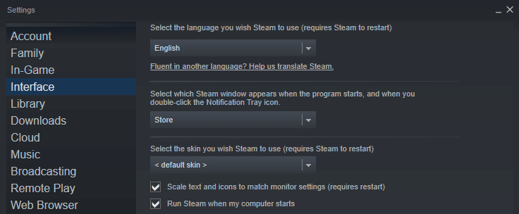 Option dans les paramètres Steam pour lancer au démarrage