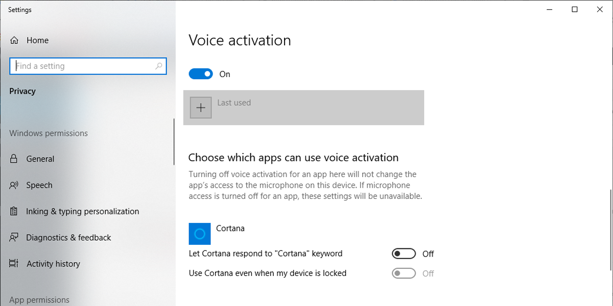 Настройки голосовой активации в Windows 10