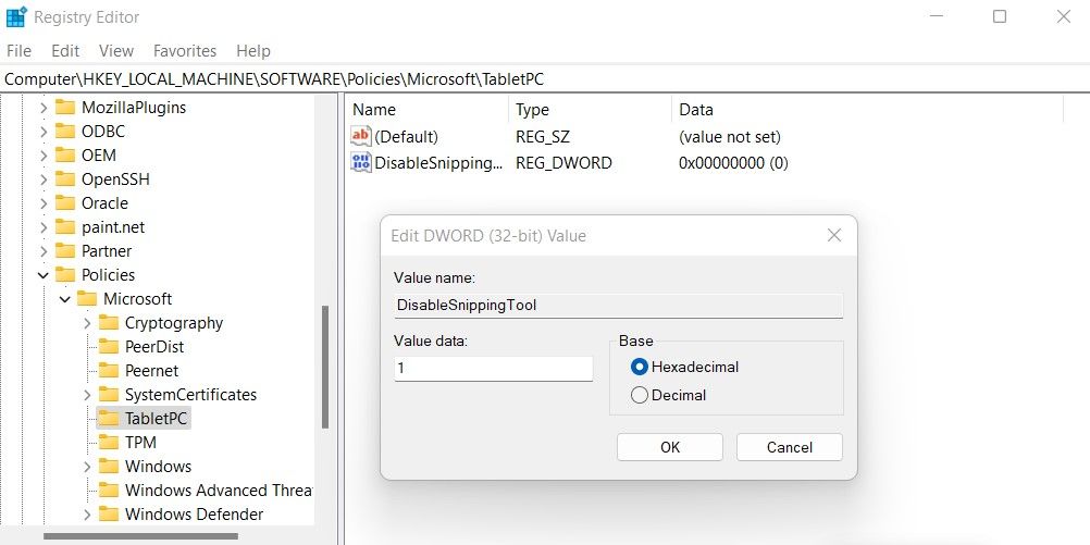 Настройка значения DisableSnippingTool