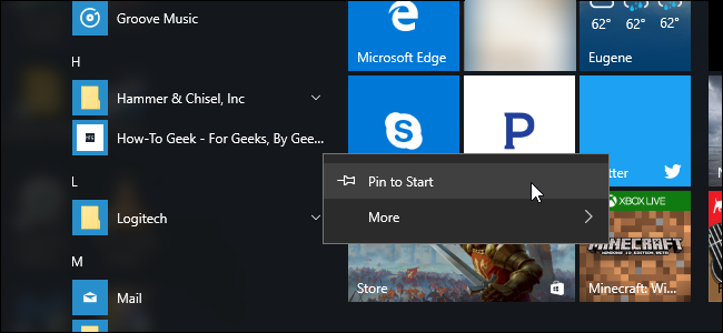 Плитка сайта в меню «Пуск», открывающаяся в браузере по умолчанию