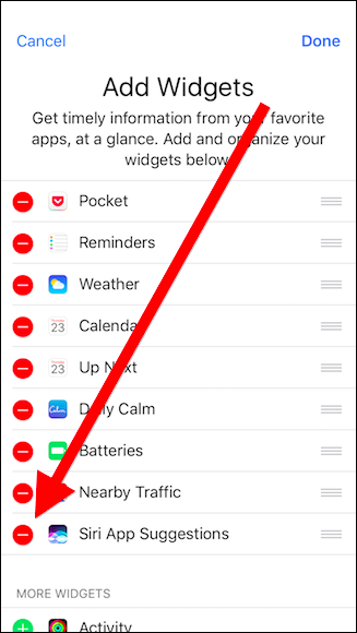 Удаление виджета Siri App Suggestions