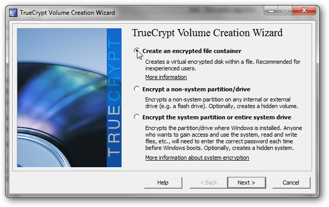 Выбор создания файла-контейнера