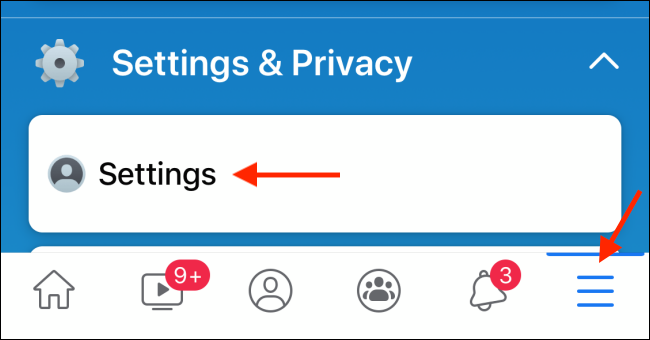 Откройте Настройки через меню в мобильном приложении Facebook